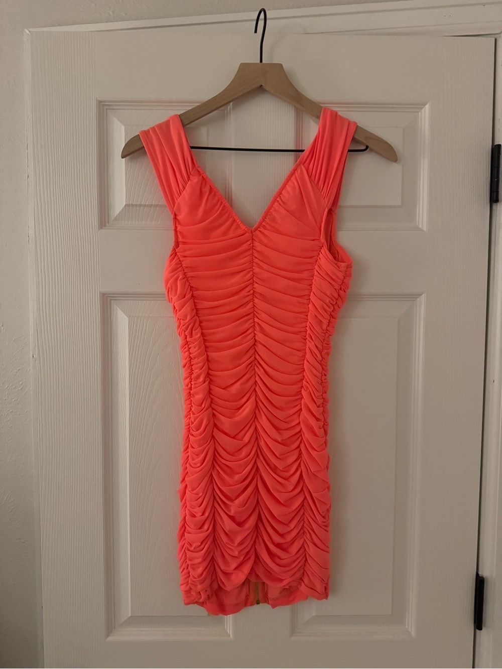 bebe Neon Coral Ruched V-Neck Bodycon Mini Dress